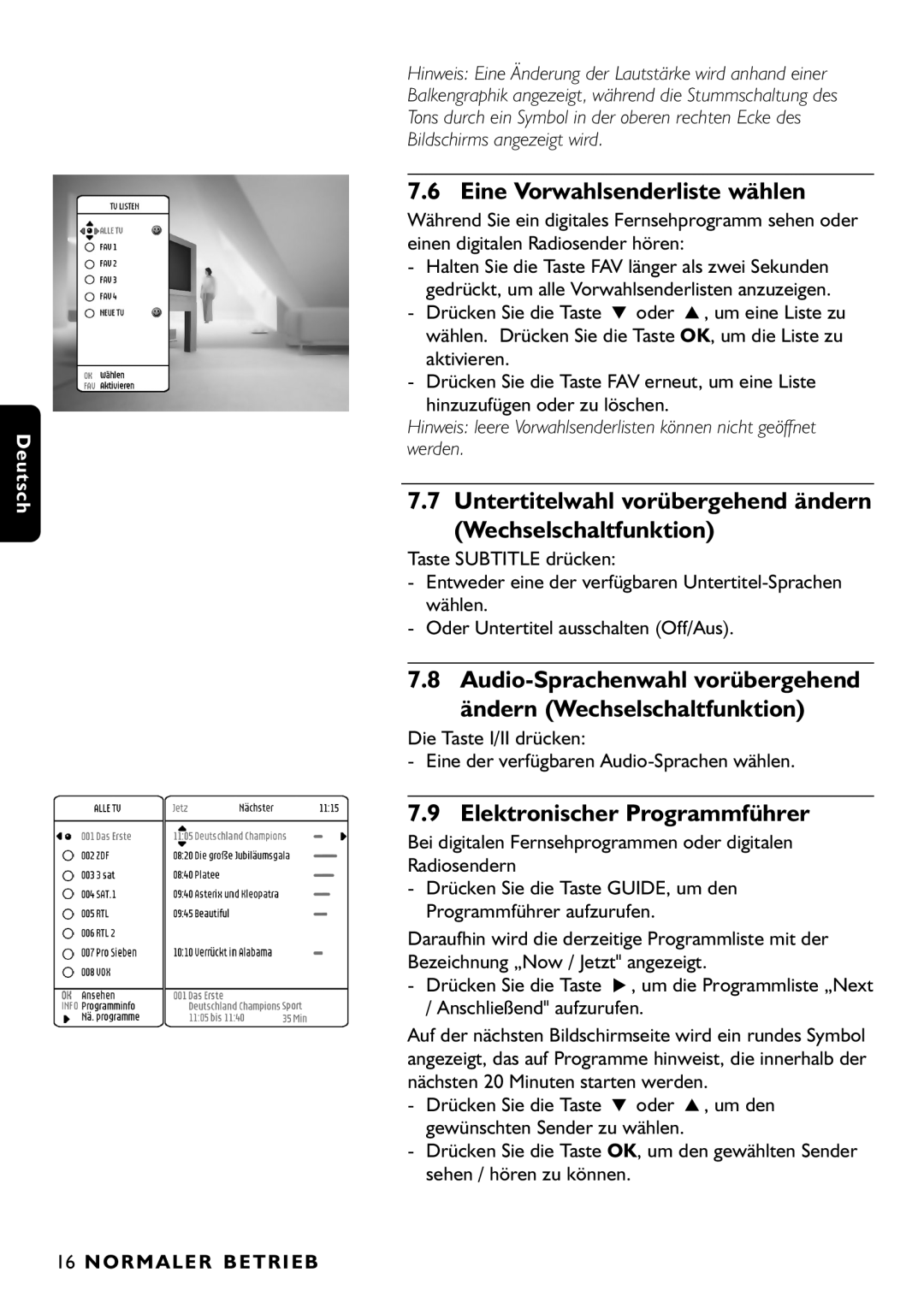 Philips DTR1000/00M manual Eine Vorwahlsenderliste wählen, Untertitelwahl vorübergehend ändern Wechselschaltfunktion 