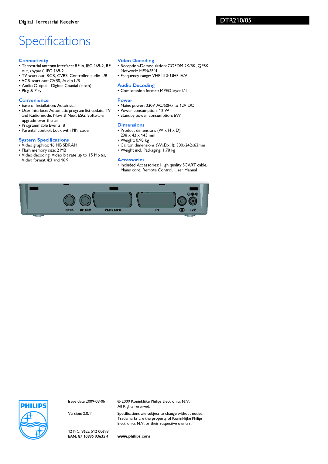 Philips DTR210 manual Connectivity, Convenience, System Specifications, Video Decoding, Audio Decoding, Power, Dimensions 