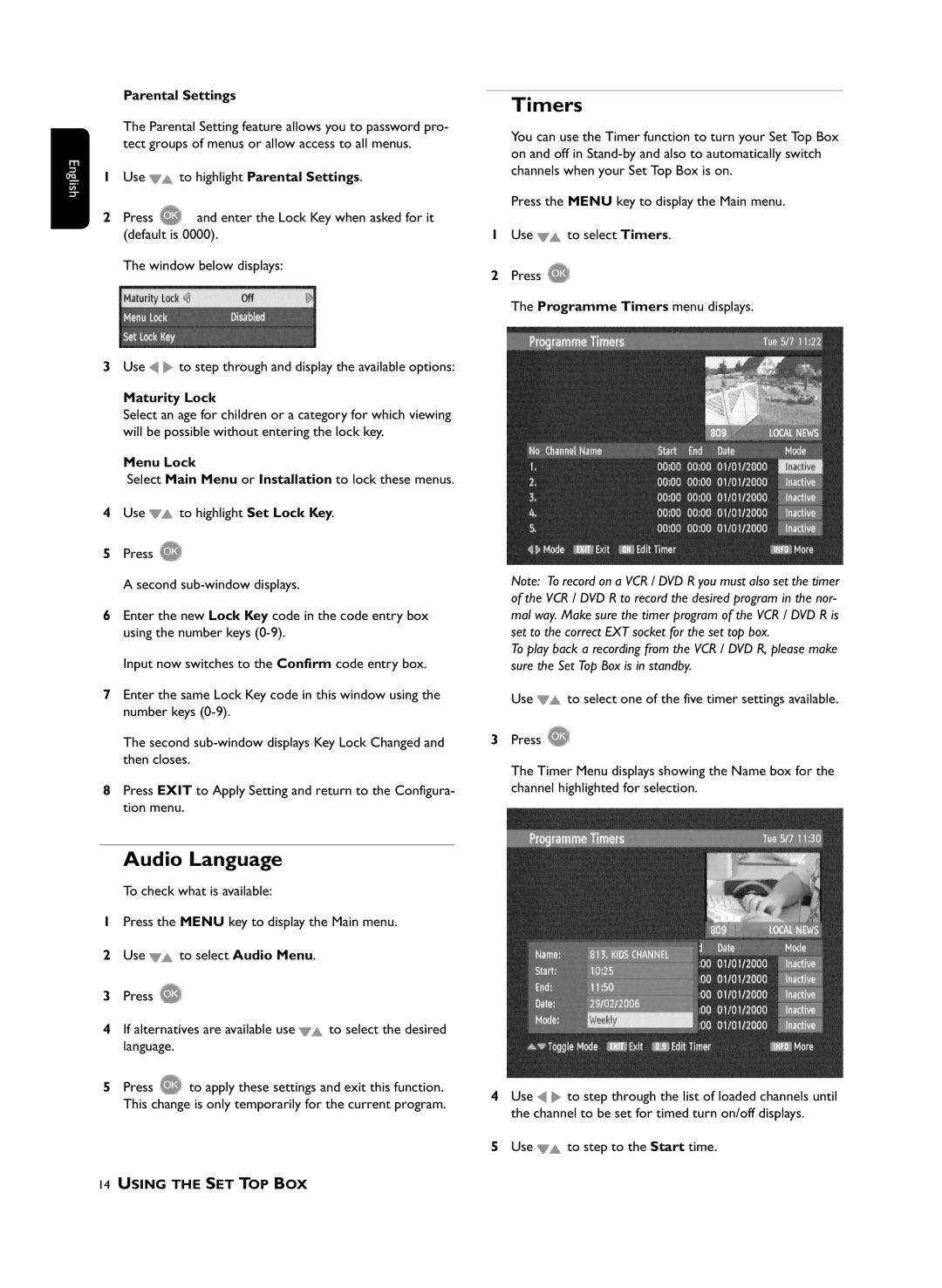 Philips DTR210 user manual Audio Language, Timers, Parental Settings, Tect groups of menus or allow access to all menus 