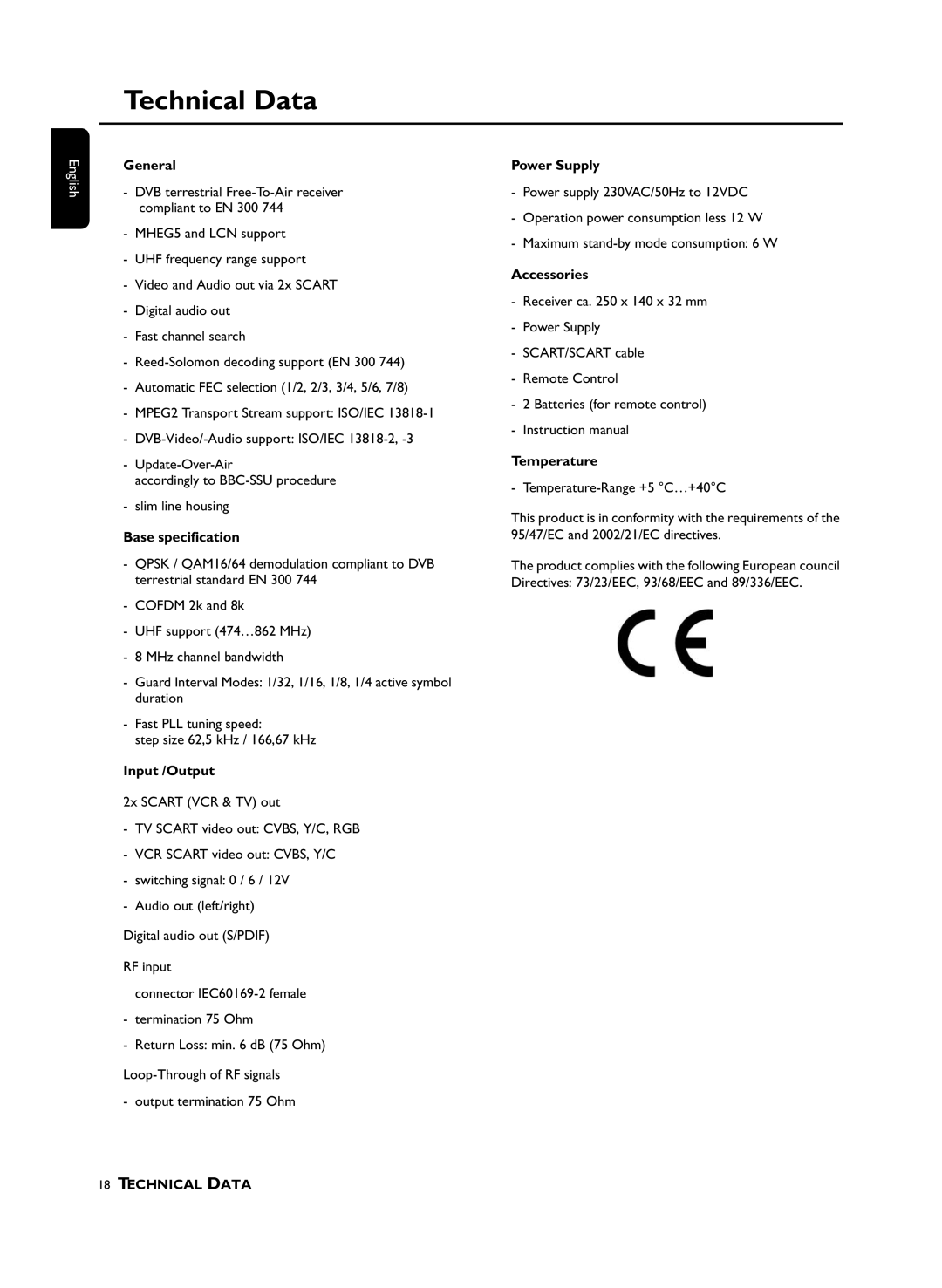 Philips DTR210 user manual Technical Data 