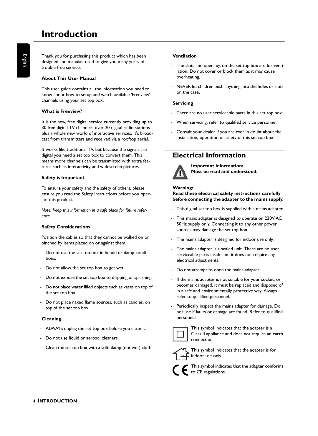 Philips DTR210 user manual Introduction, Electrical Information 