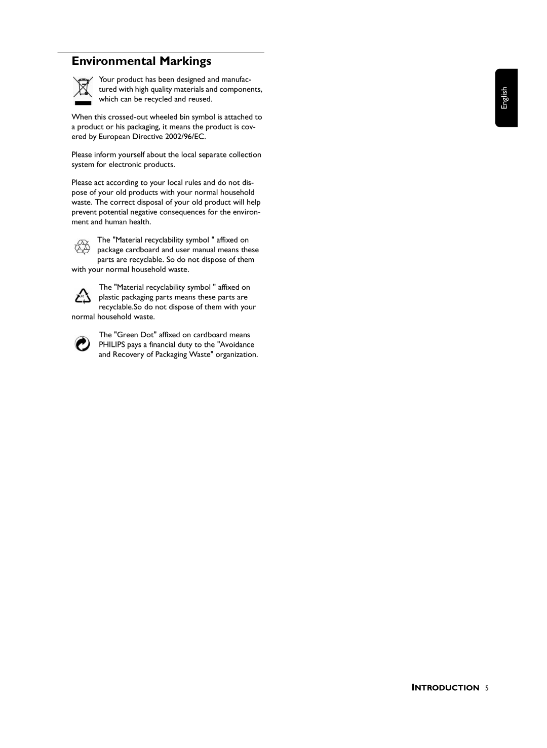 Philips DTR210 user manual Environmental Markings, With your normal household waste, Normal household waste 