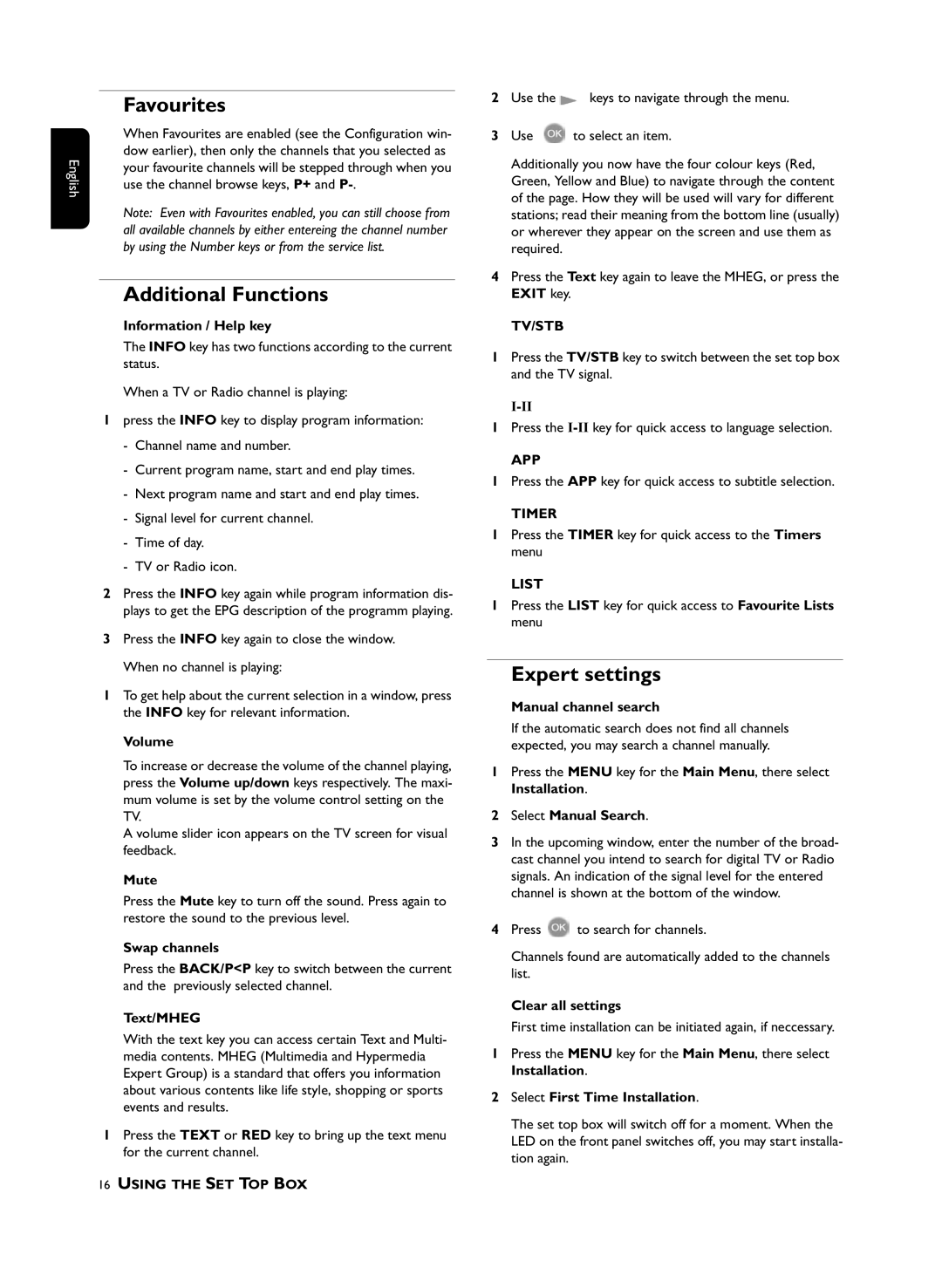 Philips DTR210 user manual Favourites, Additional Functions, Expert settings 