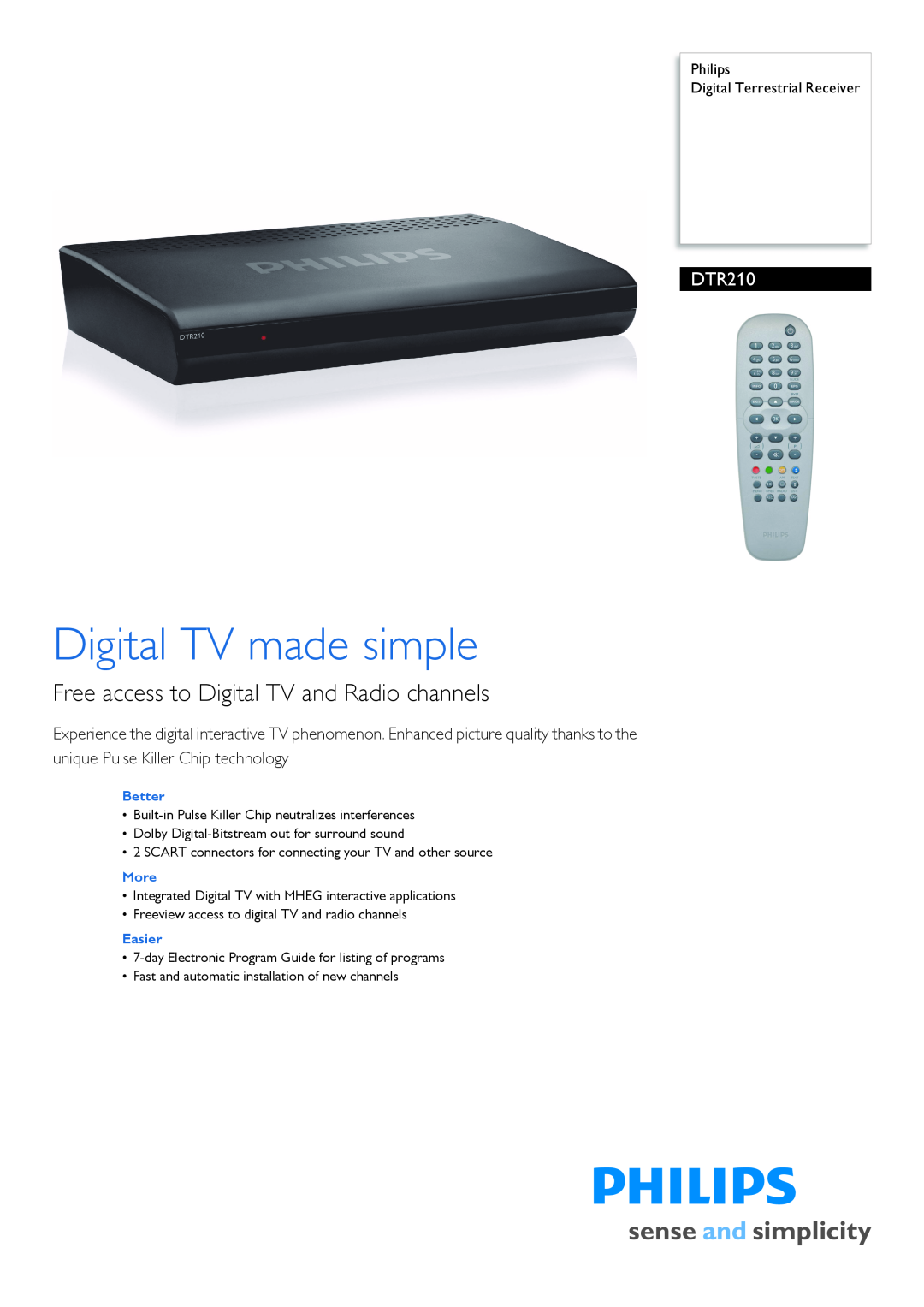 Philips DTR210 manual Philips Digital Terrestrial Receiver, Better, More, Easier, Digital TV made simple 