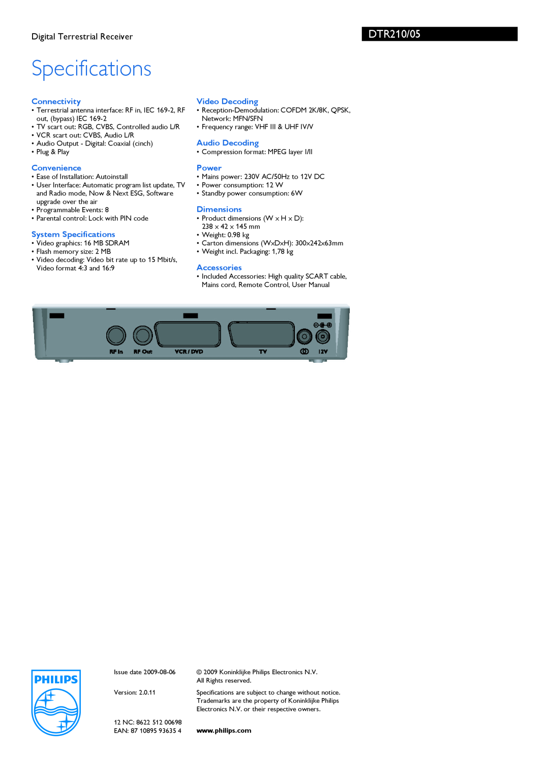 Philips DTR210 Connectivity, Convenience, System Specifications, Video Decoding, Audio Decoding, Power, Dimensions 