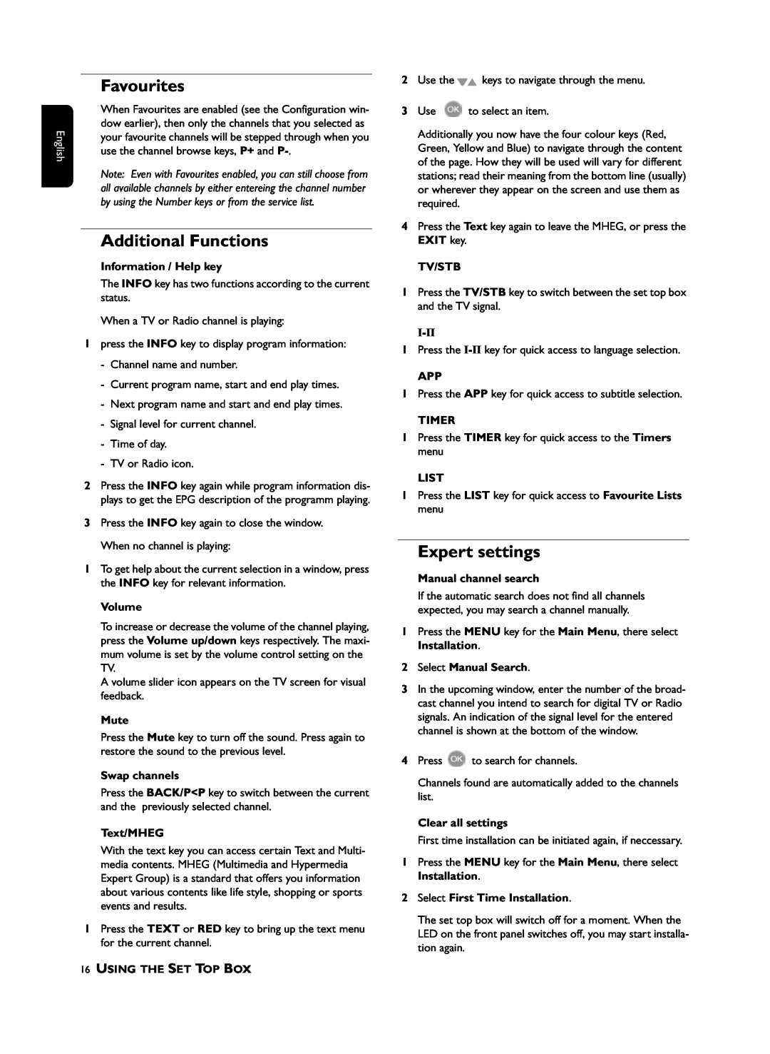 Philips DTR210 user manual Favourites, Additional Functions, Expert settings 