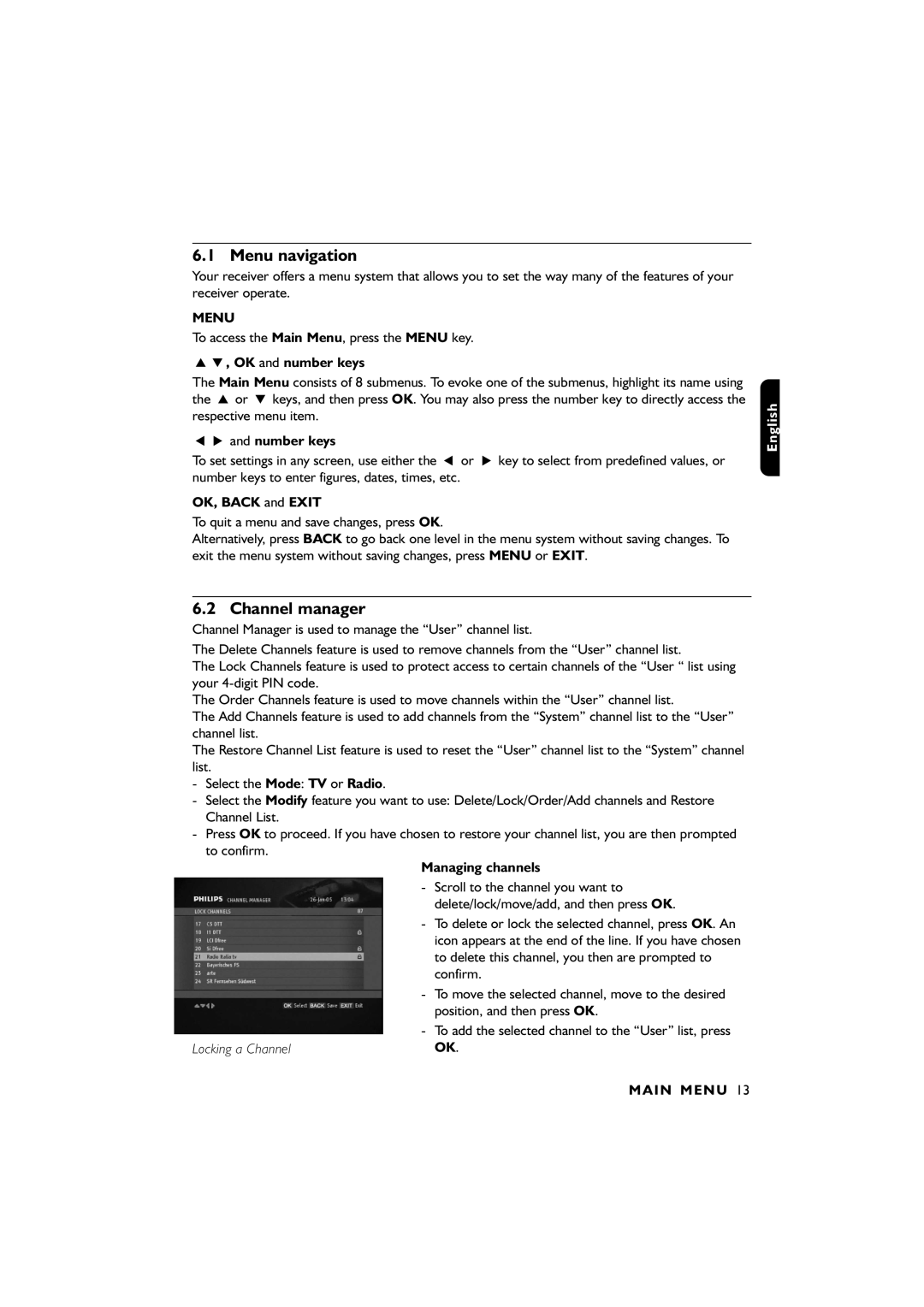 Philips DTR2610/28, DTR4610/28 user manual Menu navigation, Channel manager 