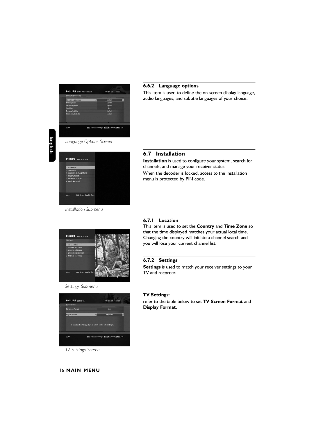 Philips DTR4610/28, DTR2610/28 user manual Installation, Language options, Location, Settings, TV and recorder 