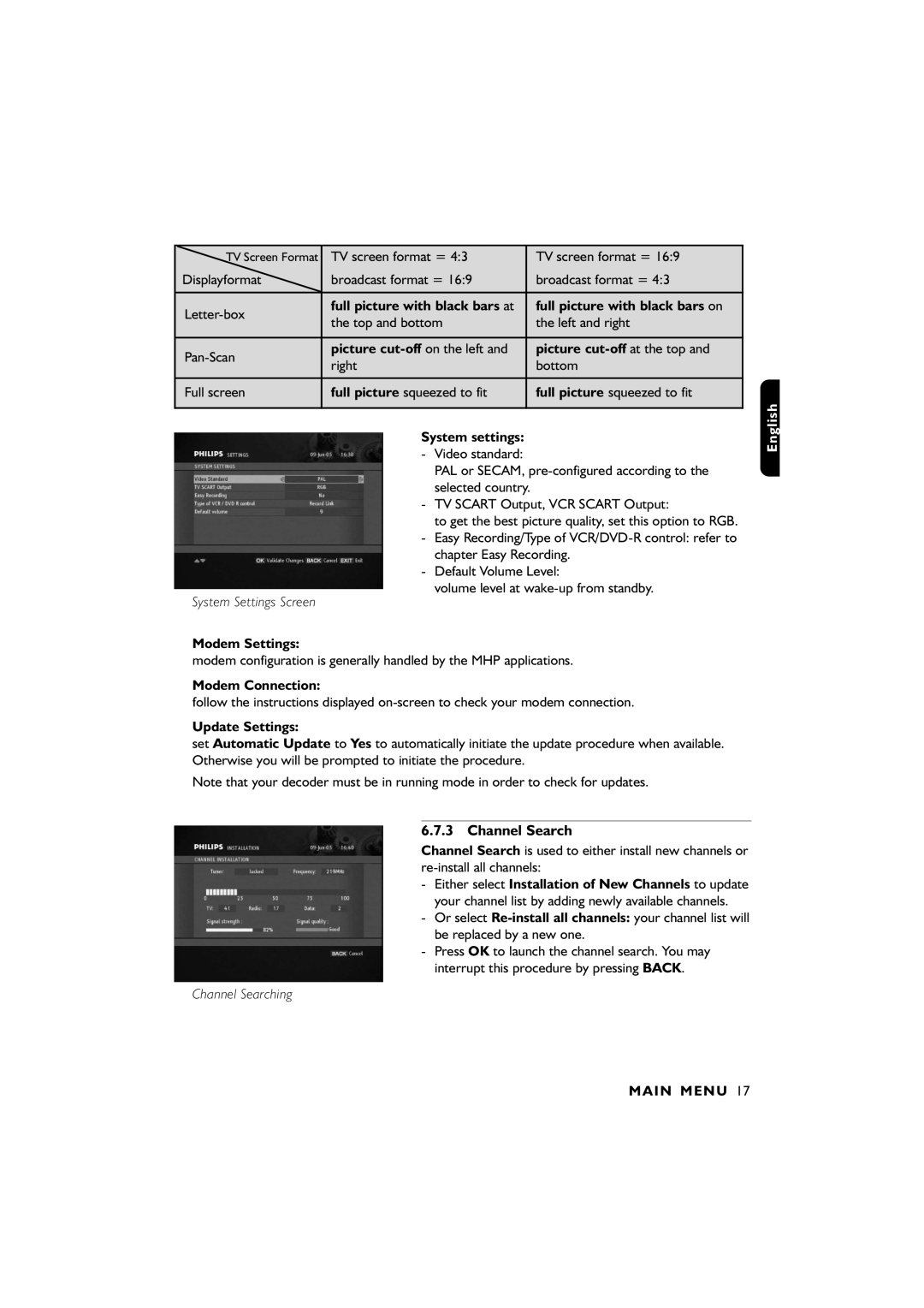 Philips DTR2610/28 Channel Search, TV Scart Output, VCR Scart Output, Chapter Easy Recording, Default Volume Level 