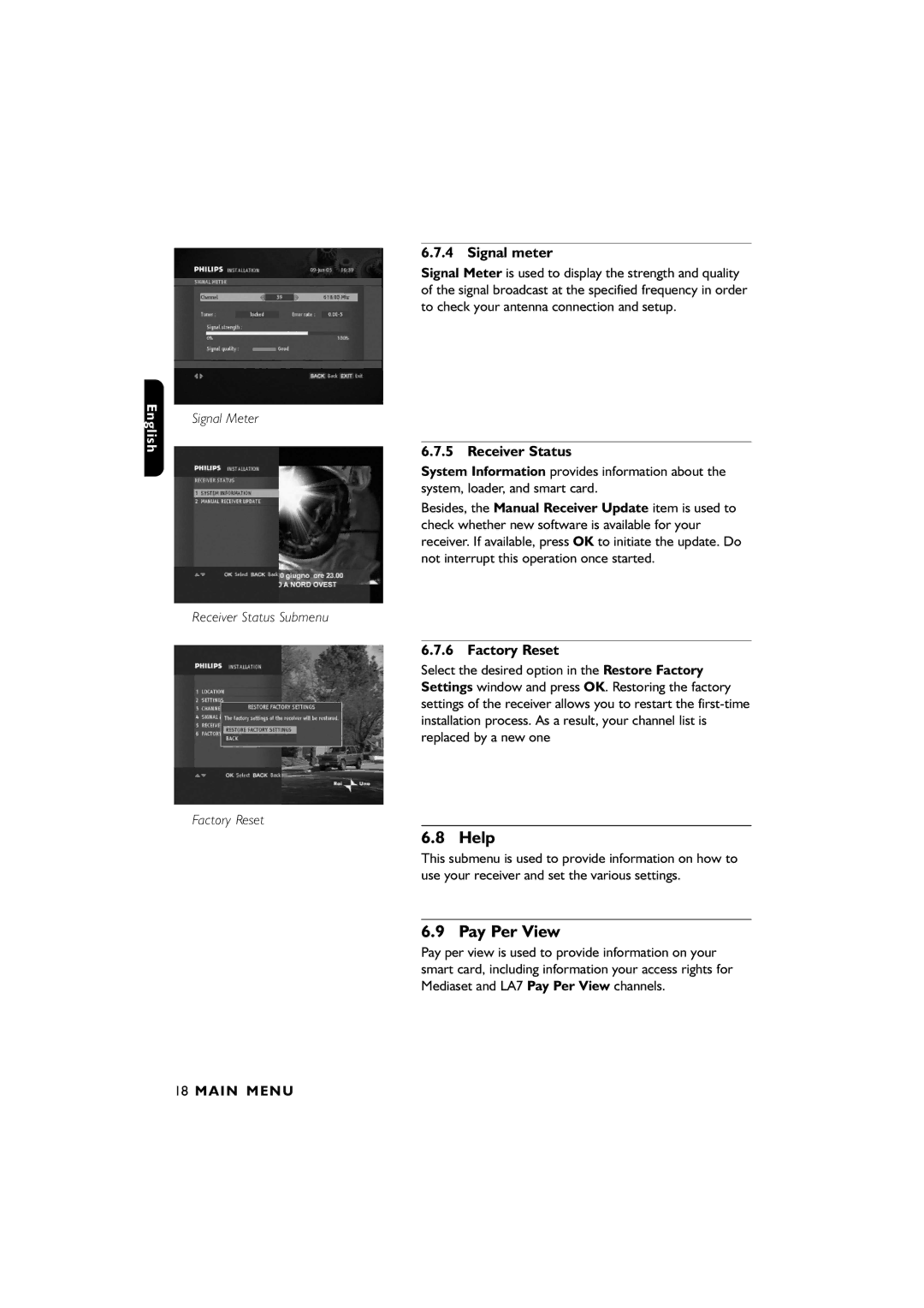 Philips DTR4610/28, DTR2610/28 user manual Help, Pay Per View, Signal meter, Receiver Status, Factory Reset 
