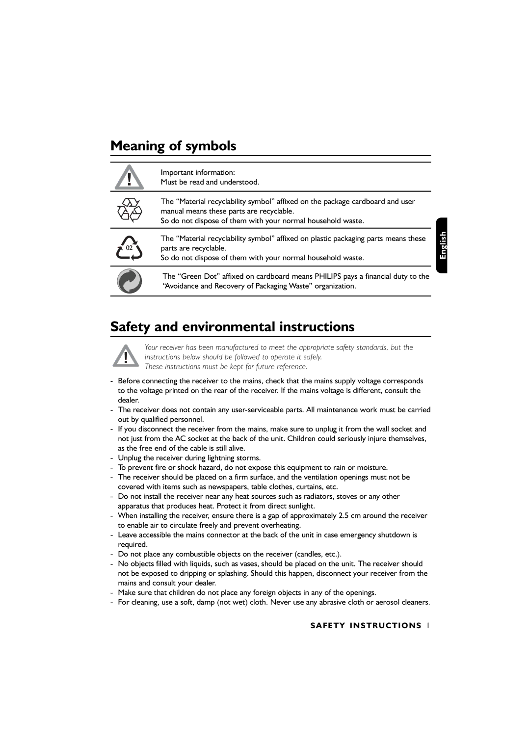 Philips DTR2610/28, DTR4610/28 user manual Meaning of symbols, Safety and environmental instructions, Safety Instructions 