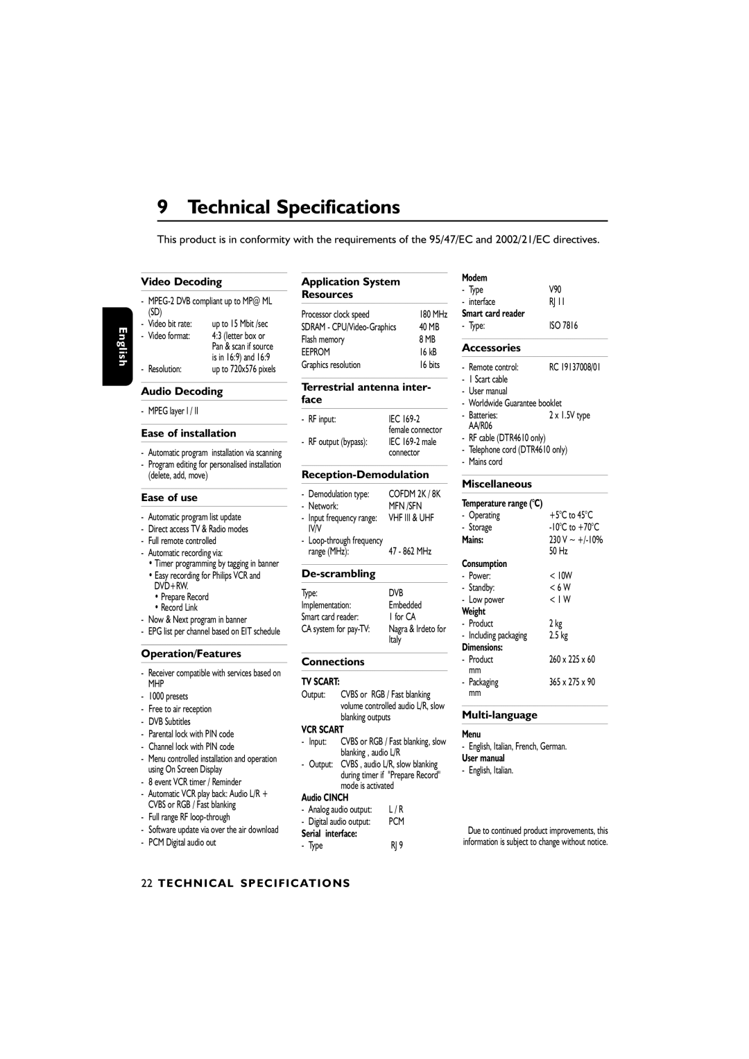 Philips DTR4610/28, DTR2610/28 user manual Technical Specifications 