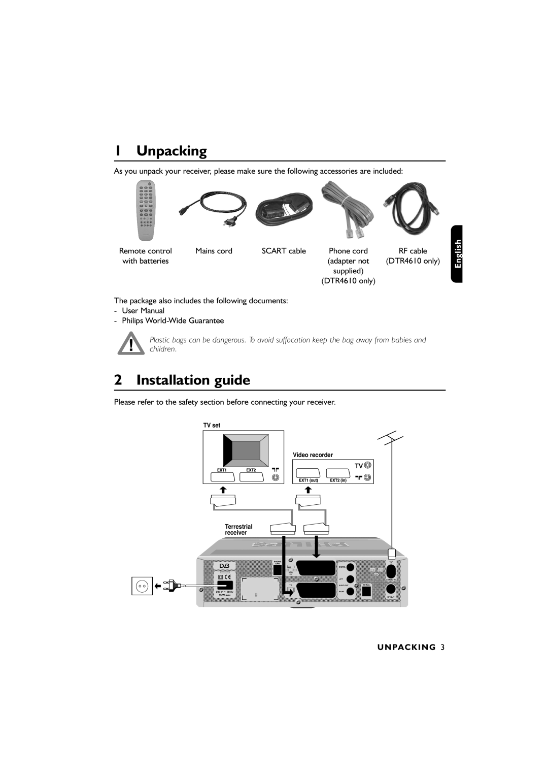 Philips DTR2610/28, DTR4610/28 user manual Unpacking, Installation guide, With batteries 