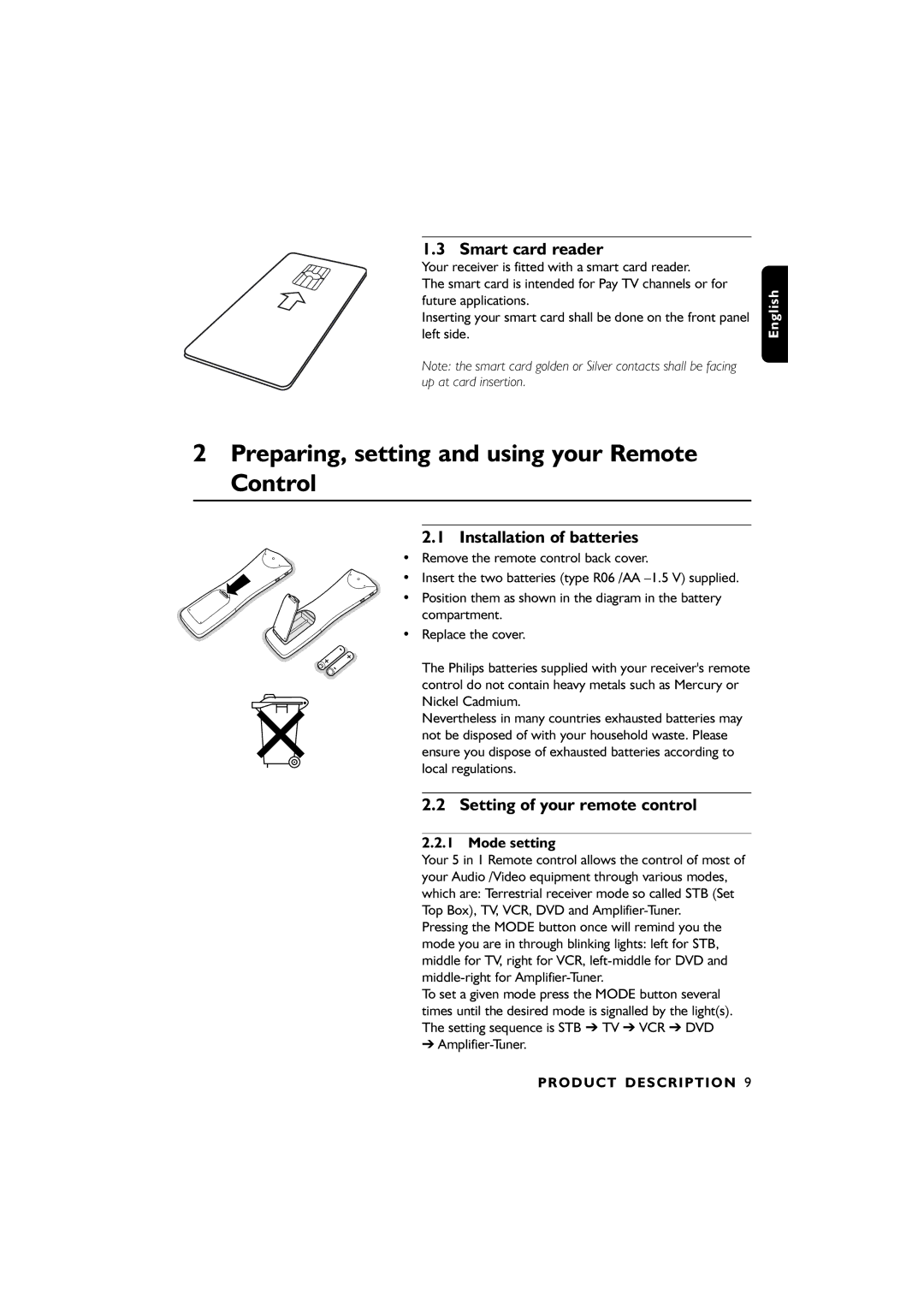 Philips 00 Preparing, setting and using your Remote Control, Smart card reader, Installation of batteries, Mode setting 