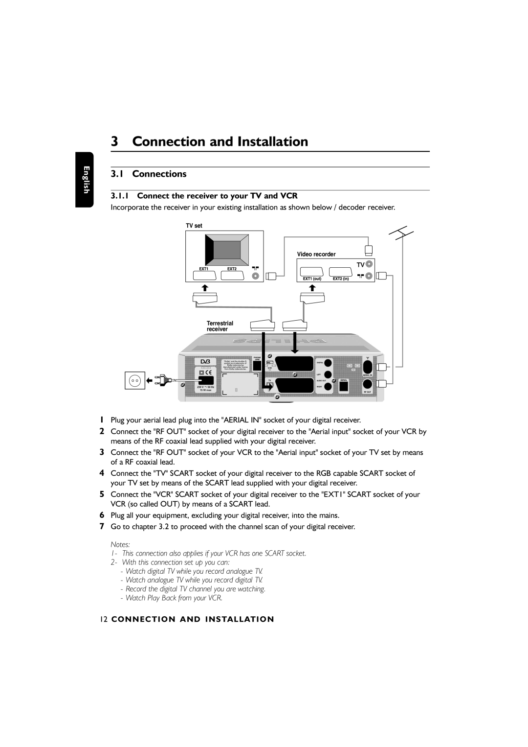 Philips DTR6610, 00 user manual Connection and Installation, Connections, Connect the receiver to your TV and VCR 