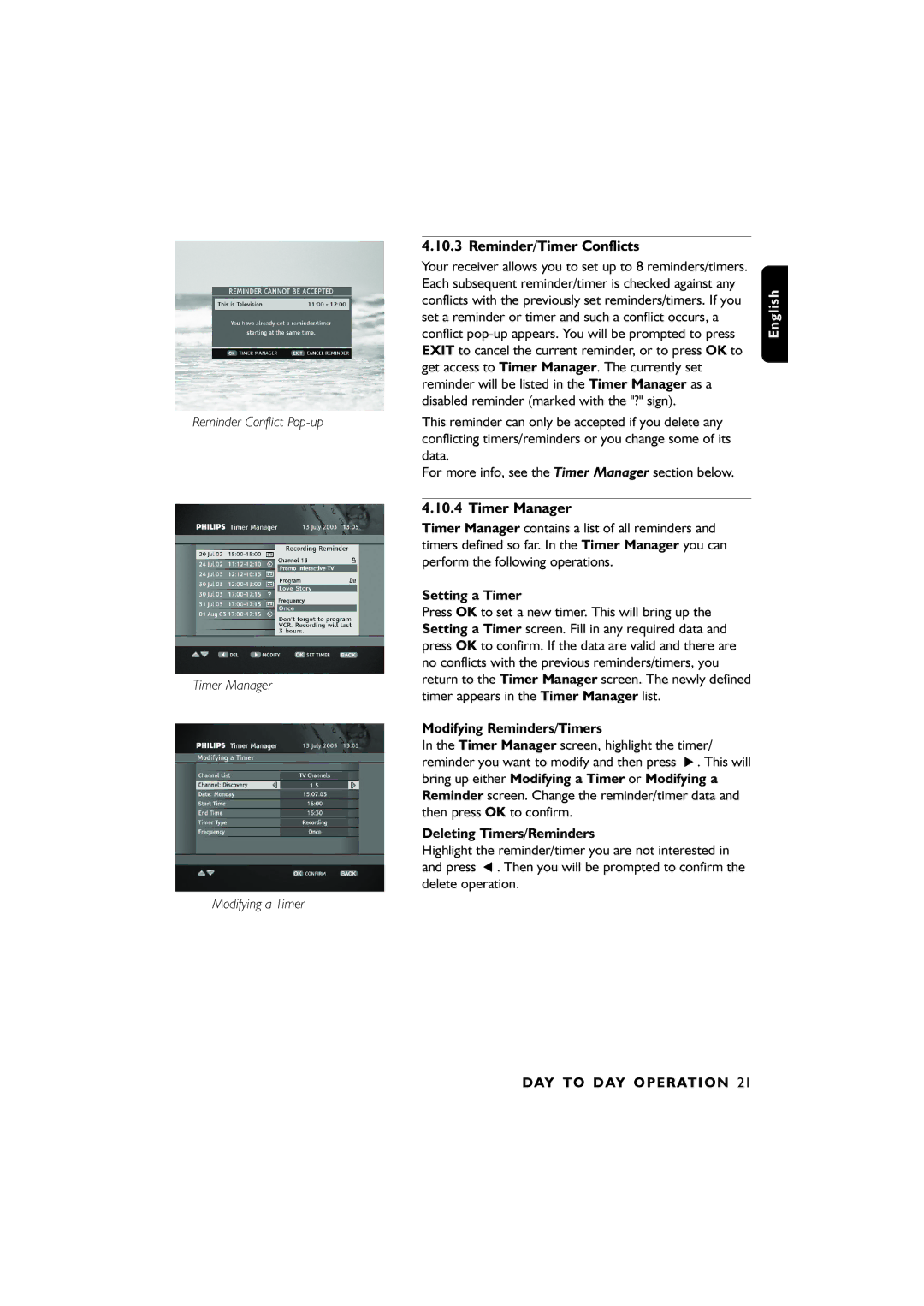 Philips 00, DTR6610 user manual Reminder/Timer Conflicts, Reminder Conflict Pop-up Timer Manager Modifying a Timer 