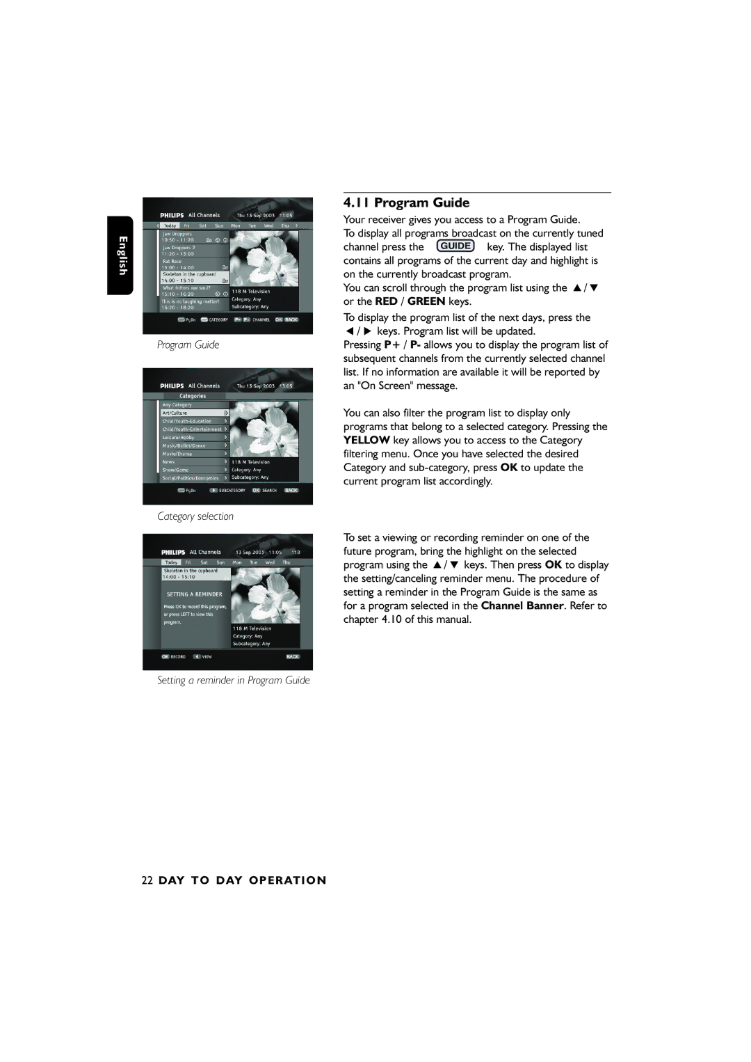 Philips DTR6610, 00 user manual Category selection, Setting a reminder in Program Guide 