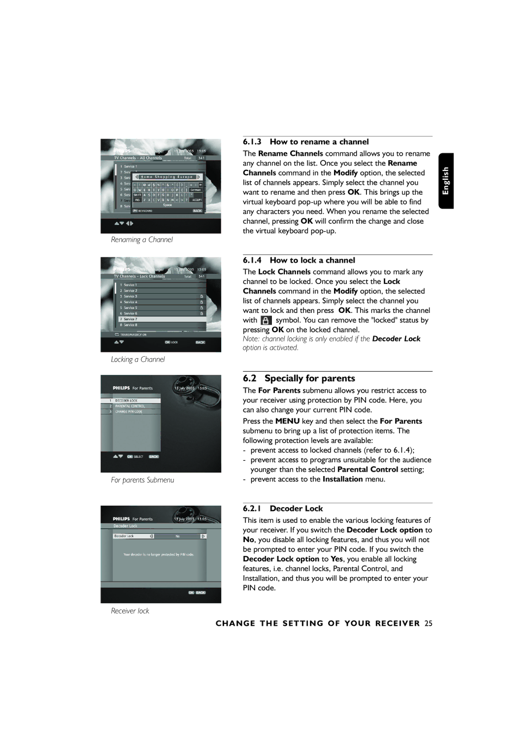 Philips 00, DTR6610 user manual Specially for parents, How to rename a channel, How to lock a channel, Decoder Lock 