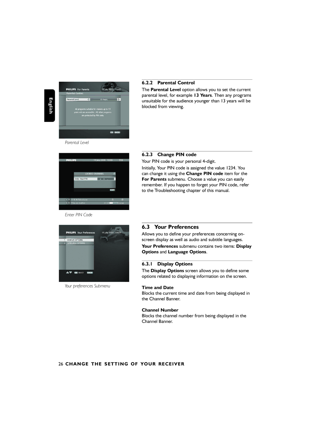 Philips DTR6610, 00 user manual Your Preferences, Parental Control, Change PIN code, Display Options 