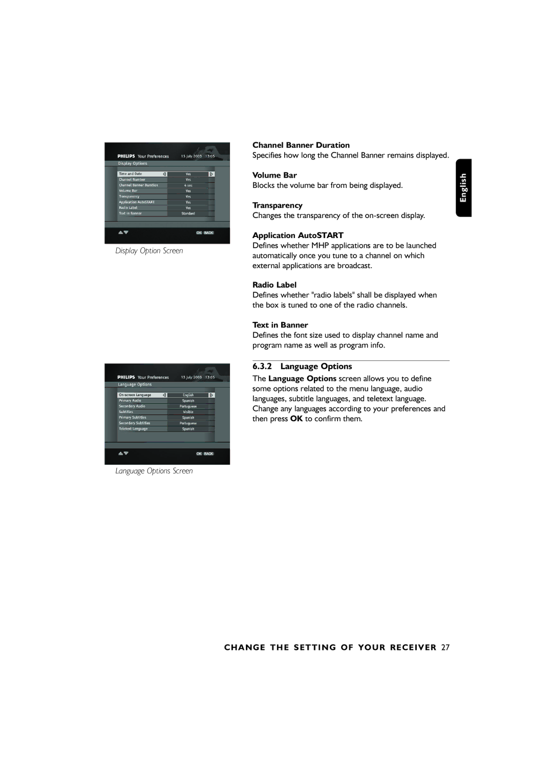 Philips 00, DTR6610 user manual Language Options, Display Option Screen Channel Banner Duration, Radio Label, Text in Banner 