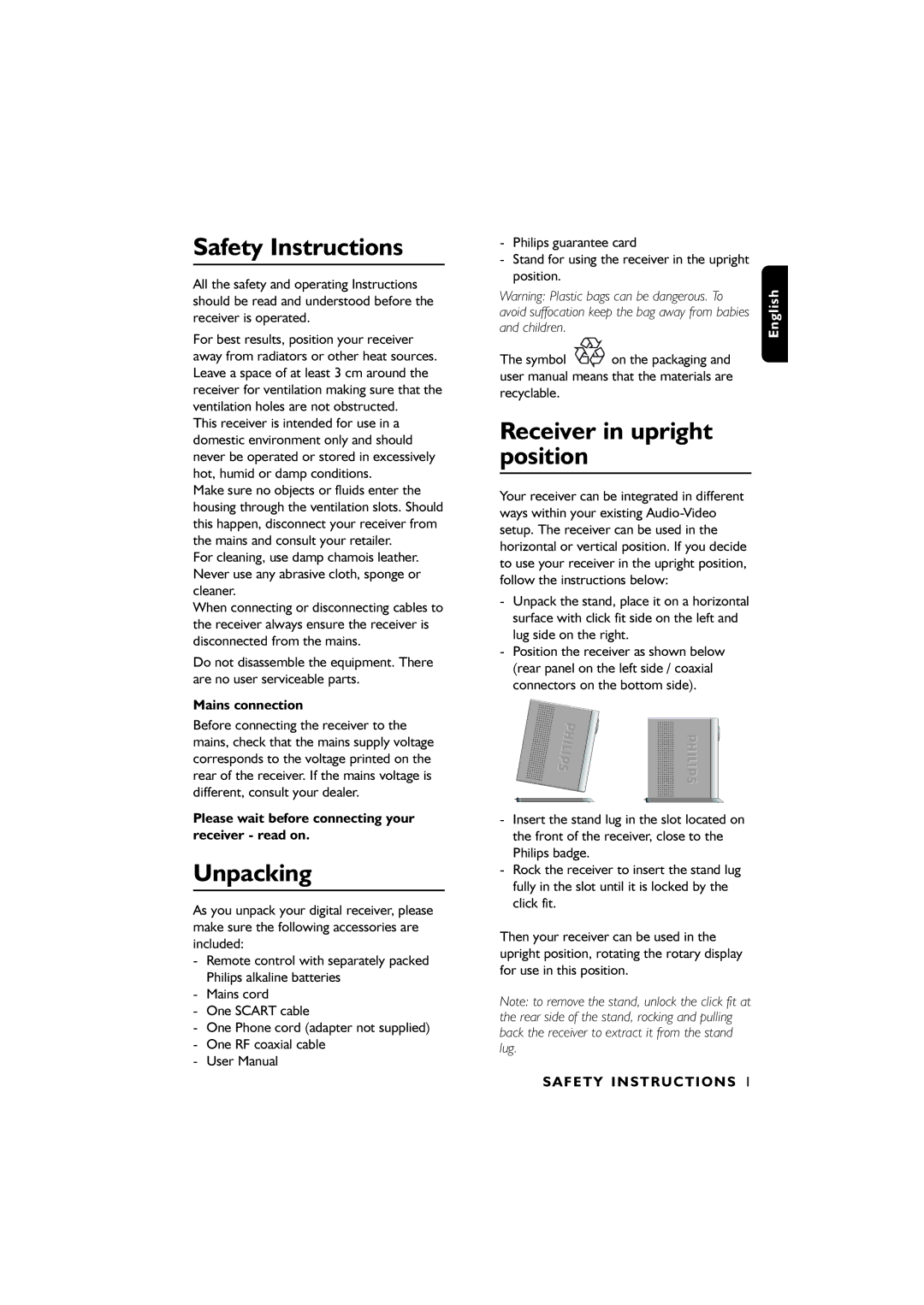 Philips 00, DTR6610 user manual Safety Instructions, Unpacking, Receiver in upright position 