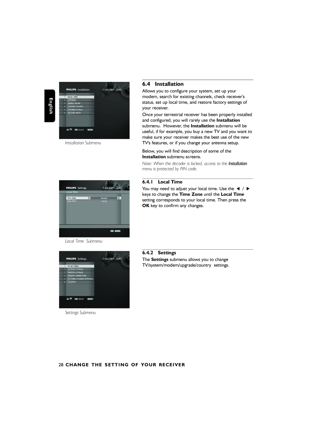 Philips DTR6610, 00 user manual Installation, Local Time, Settings 