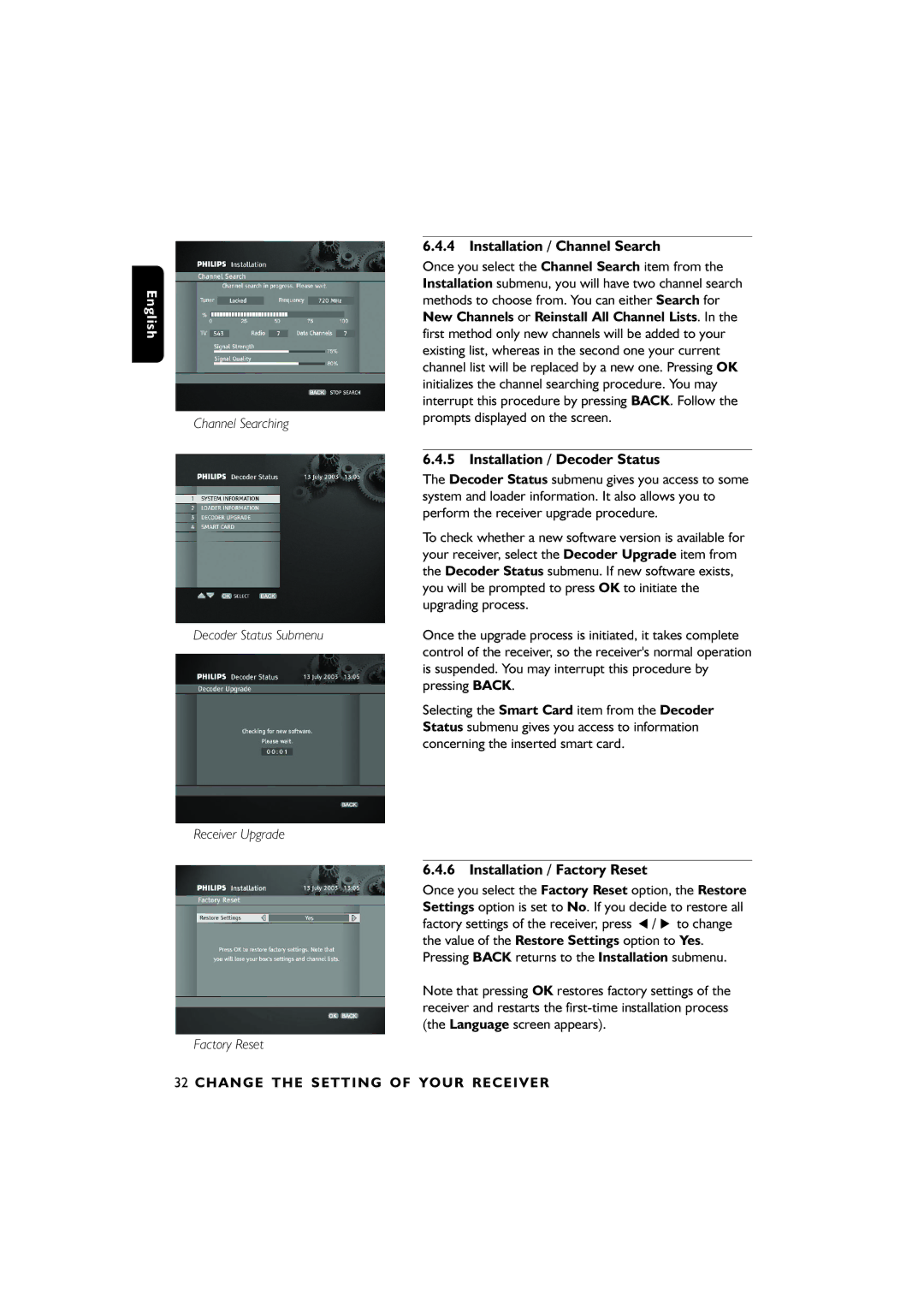 Philips DTR6610, 00 user manual Installation / Channel Search, Installation / Decoder Status, Installation / Factory Reset 