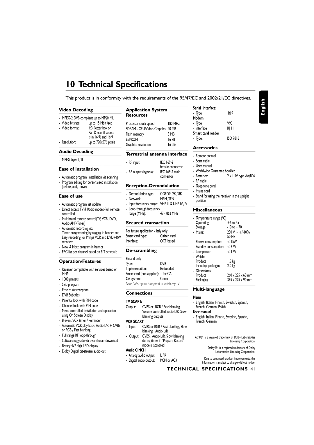 Philips 00, DTR6610 user manual Technical Specifications 