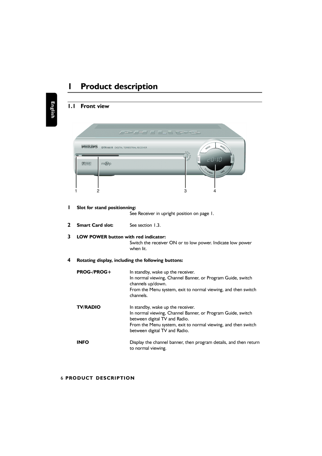 Philips DTR6610, 00 user manual Product description, Front view 