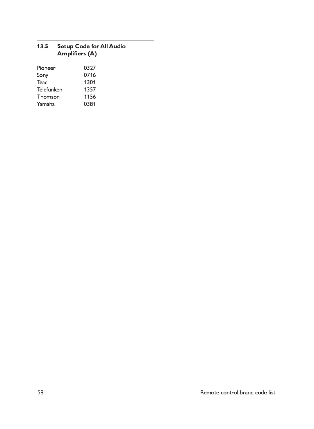 Philips DTR7510/05, DTR 7510 manual 13.5Setup Code for All Audio Amplifiers A 