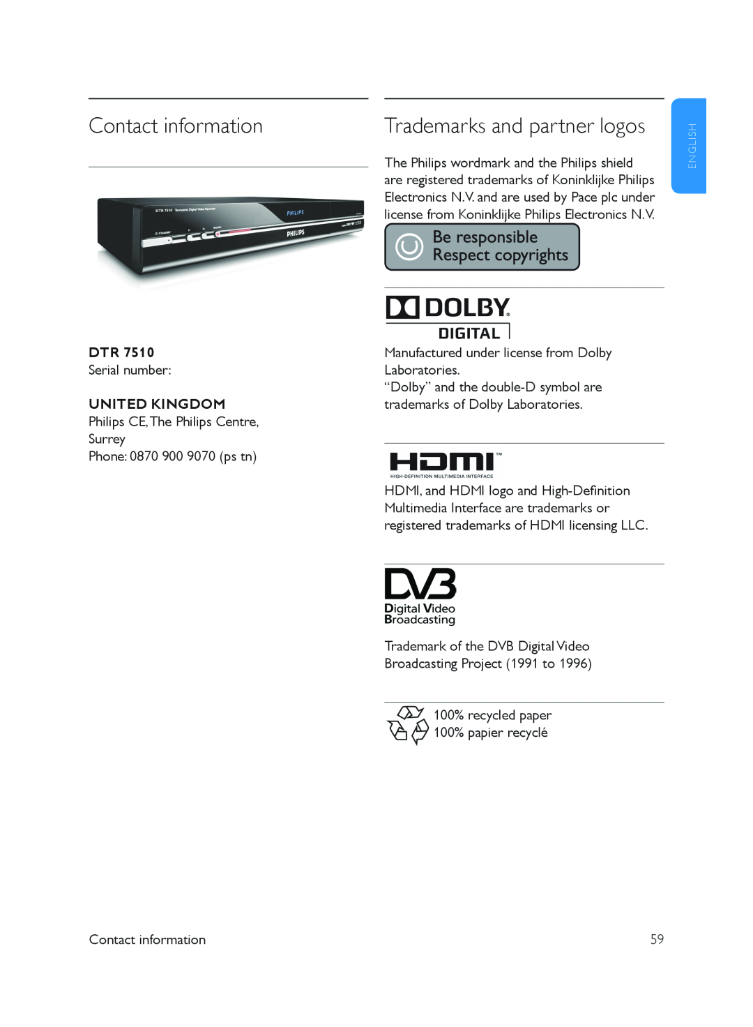 Philips DTR 7510, DTR7510/05 manual Contact information, Trademarks and partner logos, United Kingdom 