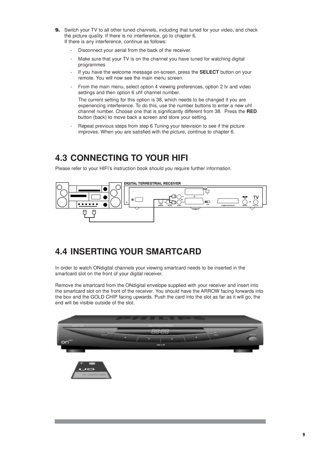 Philips DTX6372 user manual Connecting to Your Hifi, Inserting Your Smartcard 