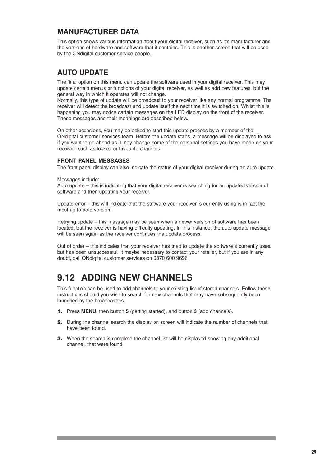 Philips DTX6372 user manual Adding NEW Channels, Manufacturer Data, Auto Update 