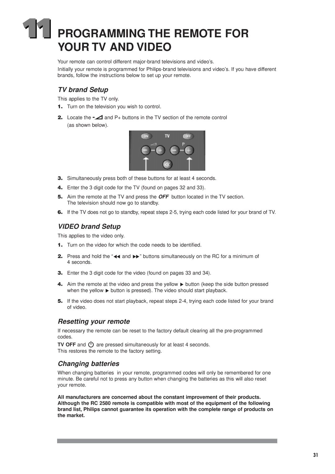 Philips DTX6372 user manual Programming the Remote for Your TV and Video, TV brand Setup 