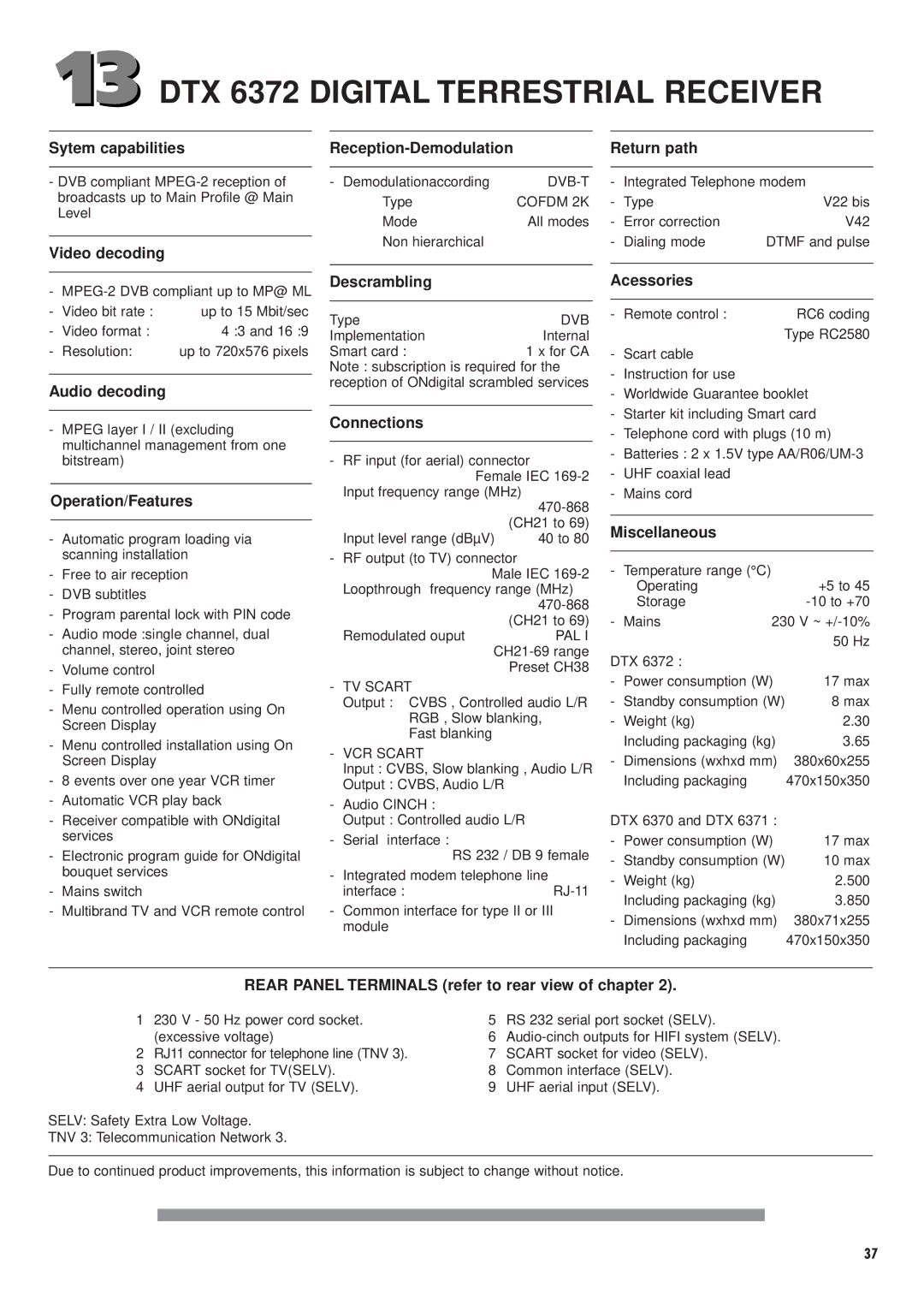 Philips DTX6372 user manual DTX 6372 Digital Terrestrial Receiver, Reception-Demodulation Return path 