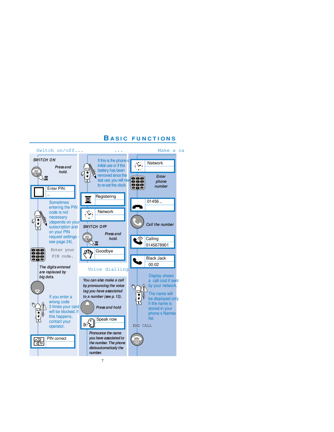 Philips Dual Band Mobile Phone user manual Ba S I C F U N C T I O N S, Switch on/off, Voice dialling, Make a call 