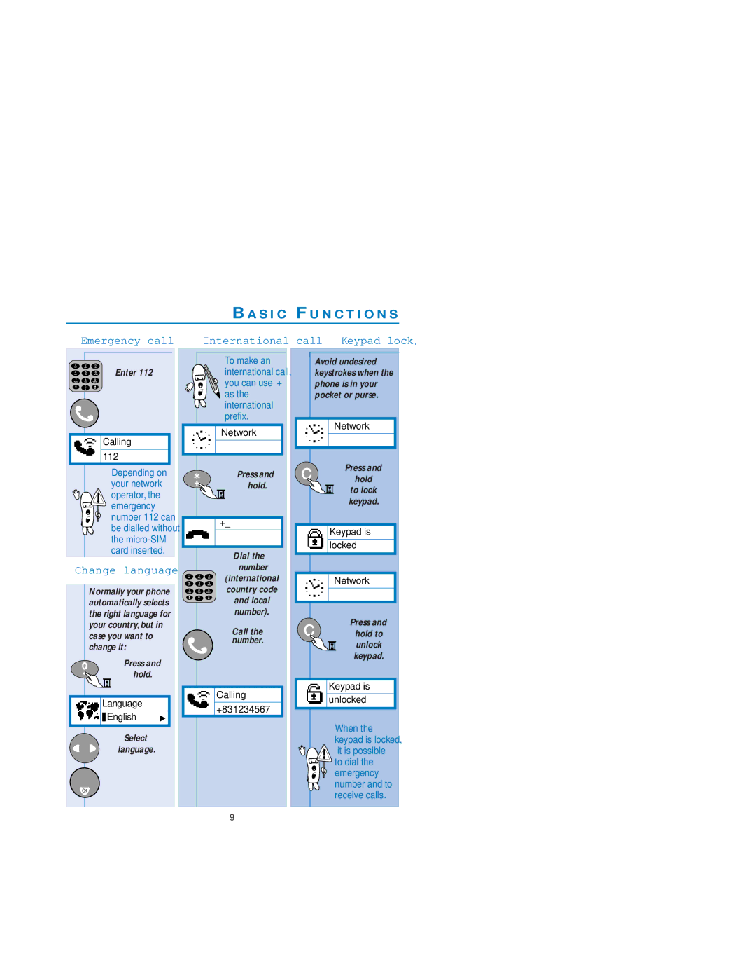 Philips Dual Band Mobile Phone Emergency call, Change language, International call, Keypad lock/unlock, Press Hold 