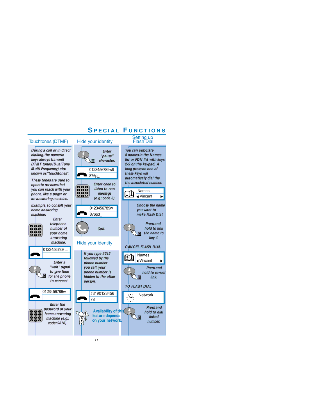 Philips Dual Band Mobile Phone user manual Touchtones Dtmf, Hide your identity, Setting up Flash Dial, Cancel Flash Dial 