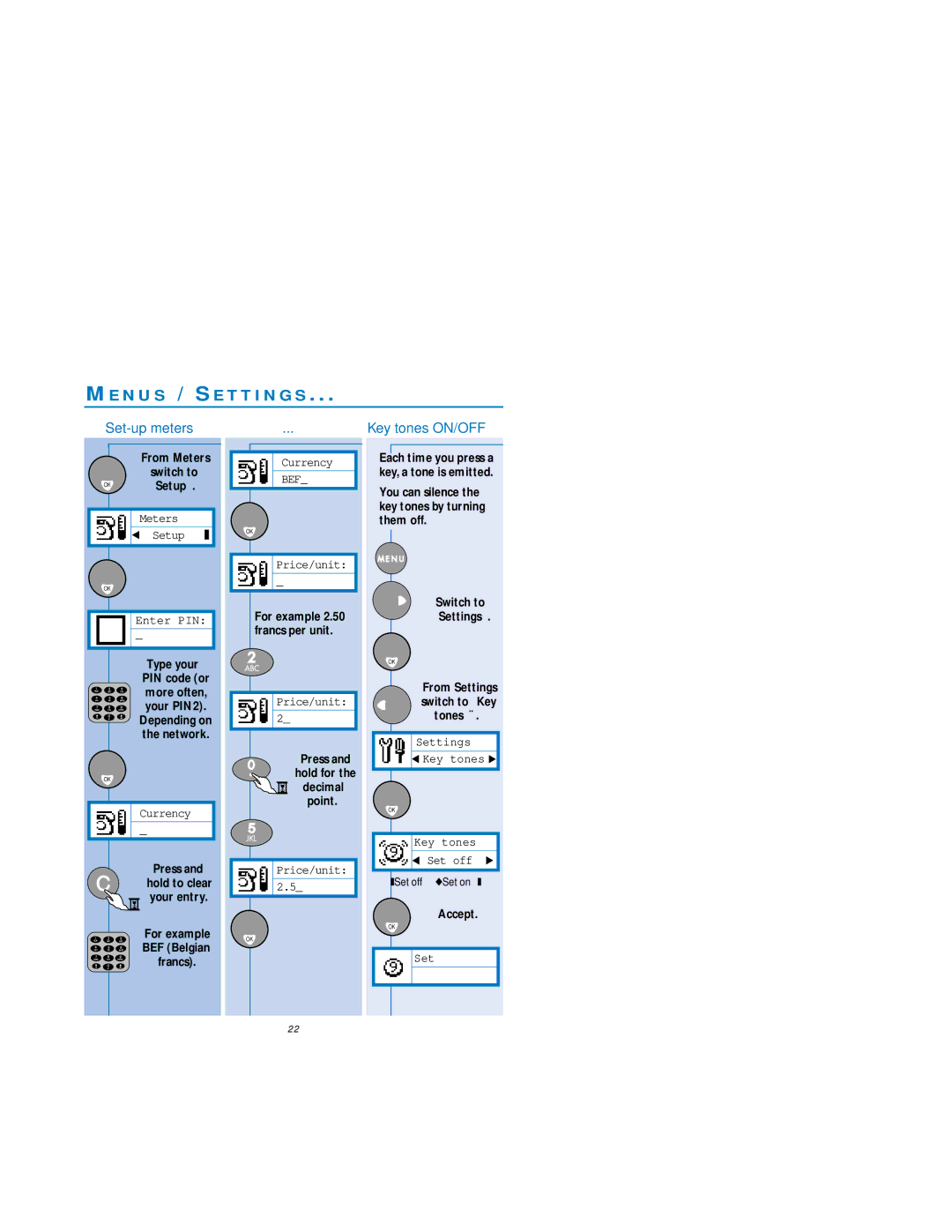 Philips Dual Band Mobile Phone Me N U S / Se T T I N G S, Set-up meters Key tones ON/OFF, From Meters Switch to OKSetup 