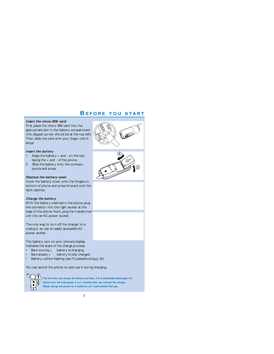 Philips Dual Band Mobile Phone user manual Insert the micro-SIM card, Insert the battery, Replace the battery cover 