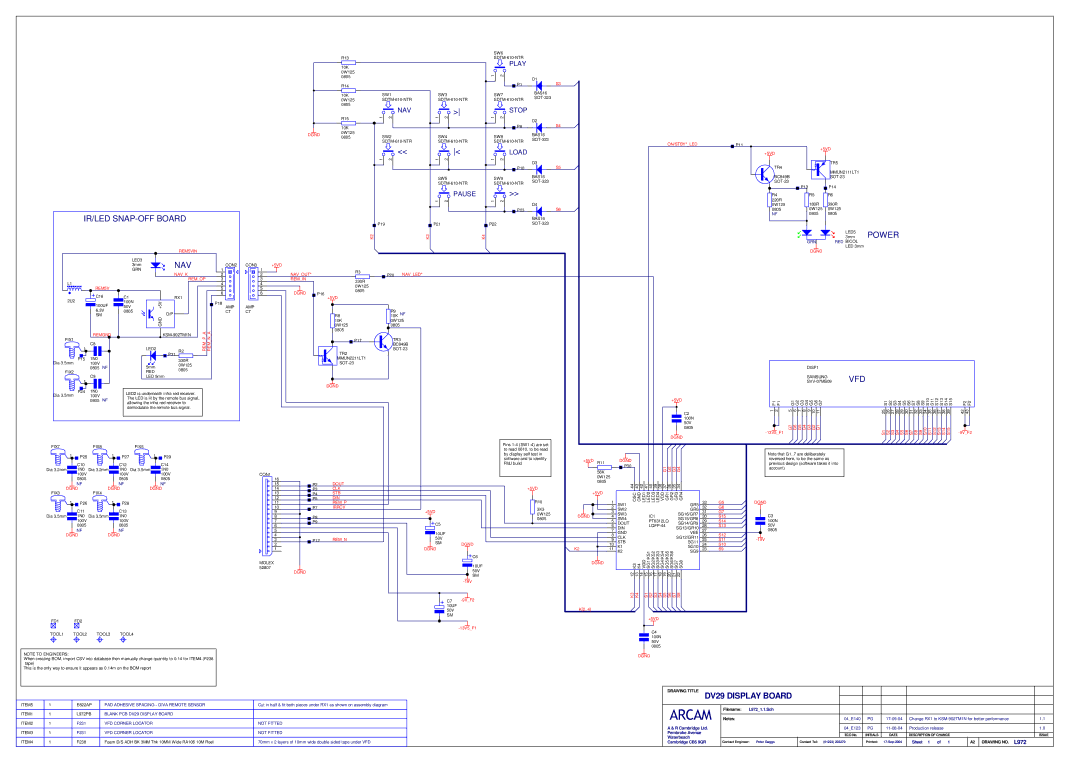 Philips service manual IR/LED SNAP-OFF Board, Nav, Vfd, Drawing Title DV29 Display Board, L972 