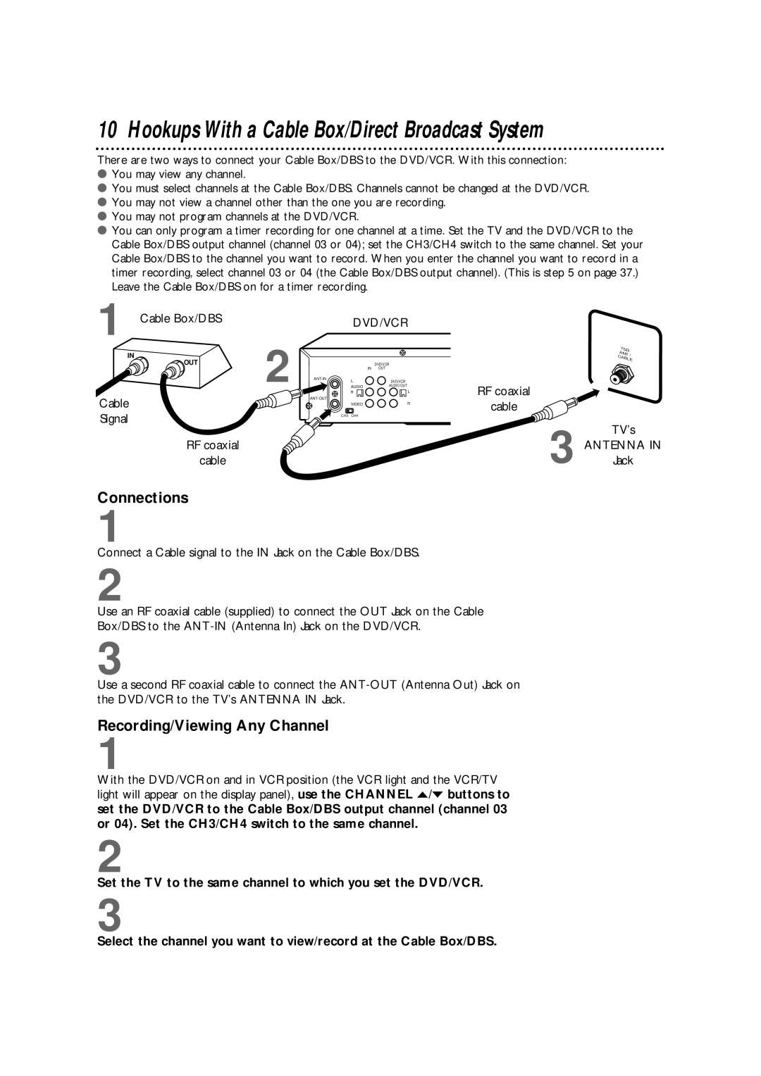 Philips DV900VHS owner manual Connections, Recording/Viewing Any Channel 