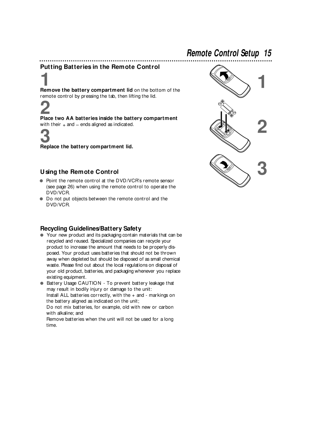 Philips DV900VHS Putting Batteries in the Remote Control, Using the Remote Control, Recycling Guidelines/Battery Safety 