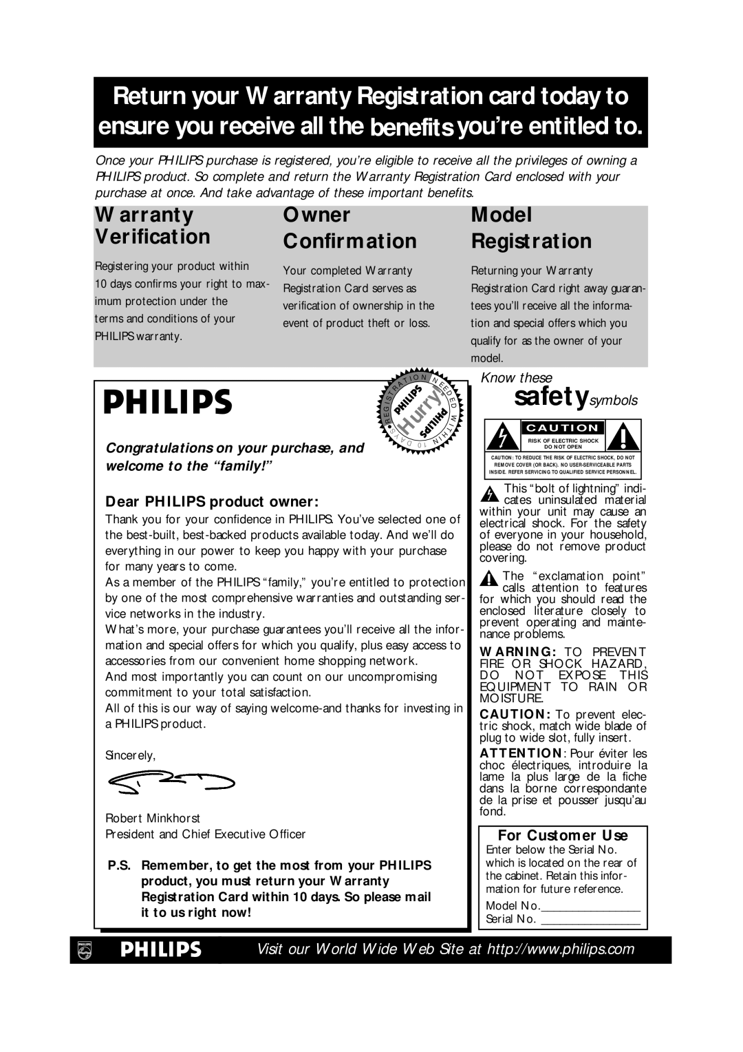 Philips DV900VHS Dear Philips product owner, For Customer Use, This bolt of lightning indi- cates uninsulated material 