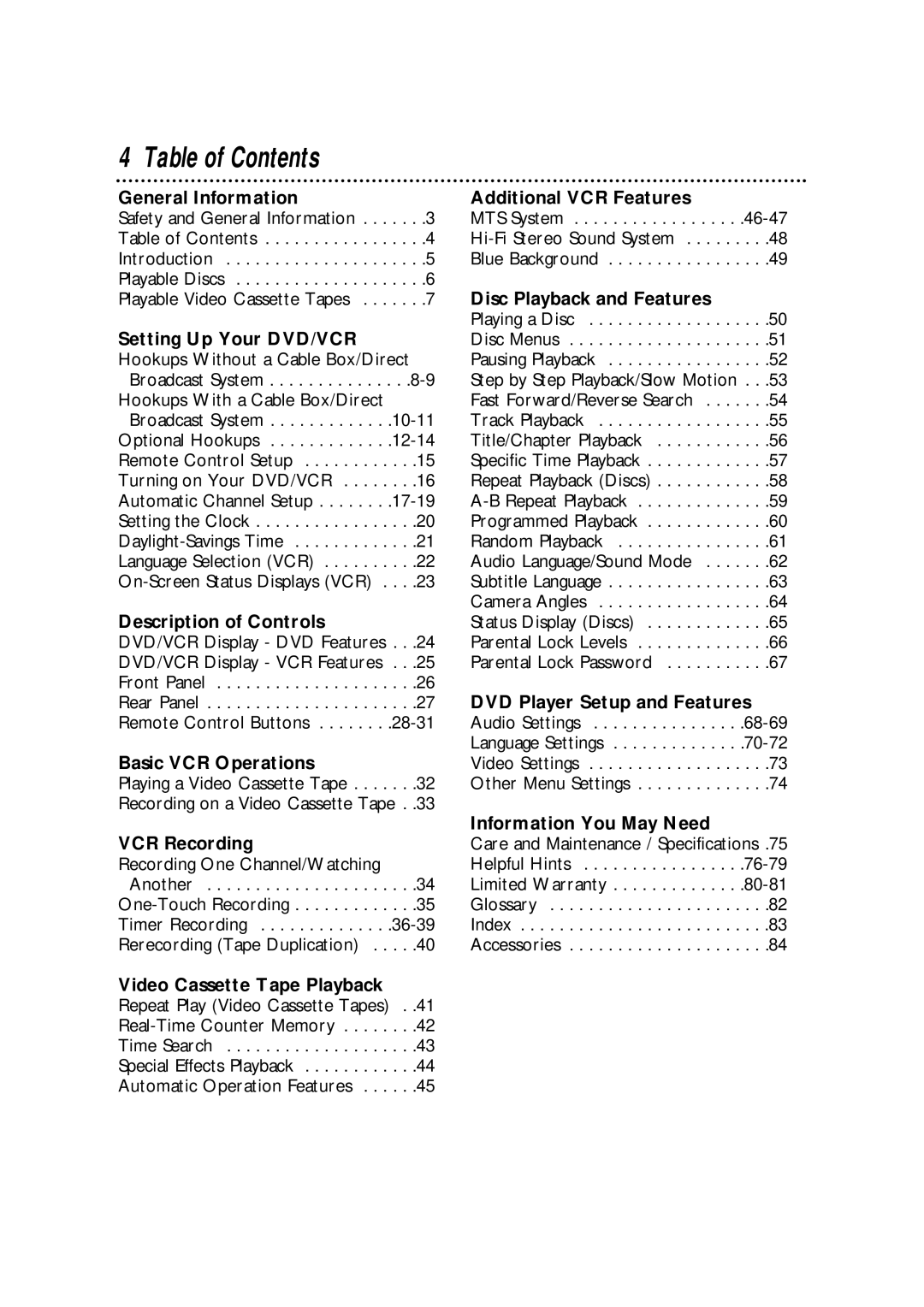 Philips DV900VHS owner manual Table of Contents 