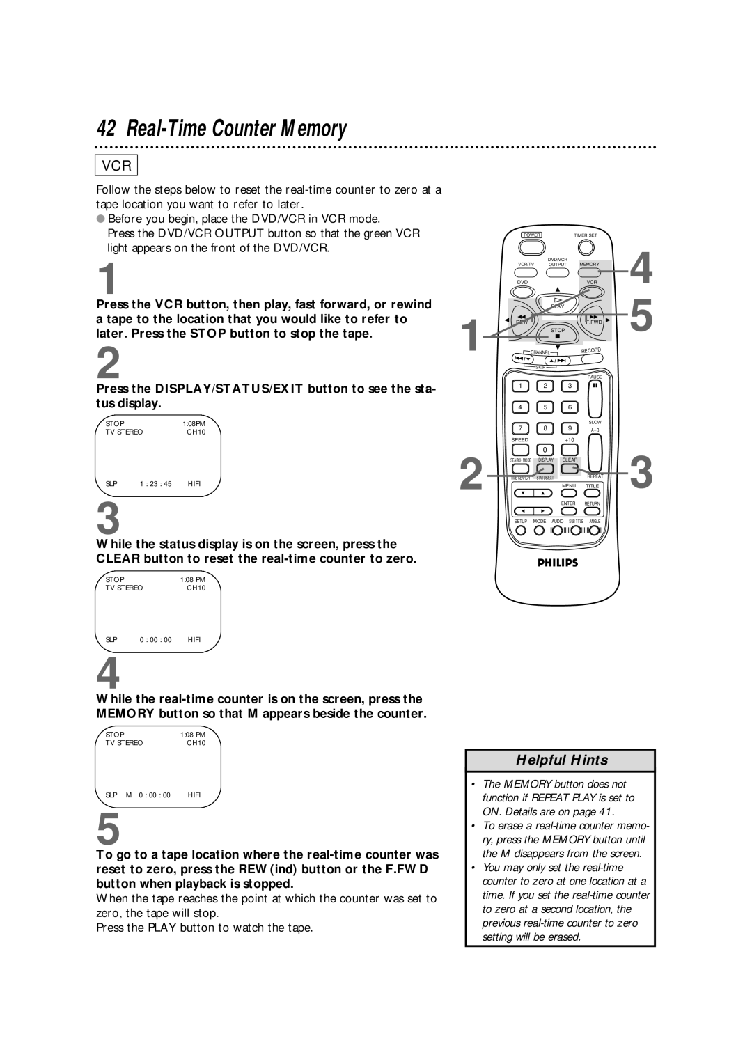 Philips DV900VHS owner manual Real-Time Counter Memory 