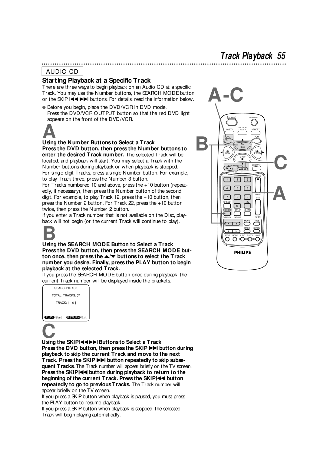 Philips DV900VHS Track Playback, Starting Playback at a Specific Track, Using the Number Buttons to Select a Track 