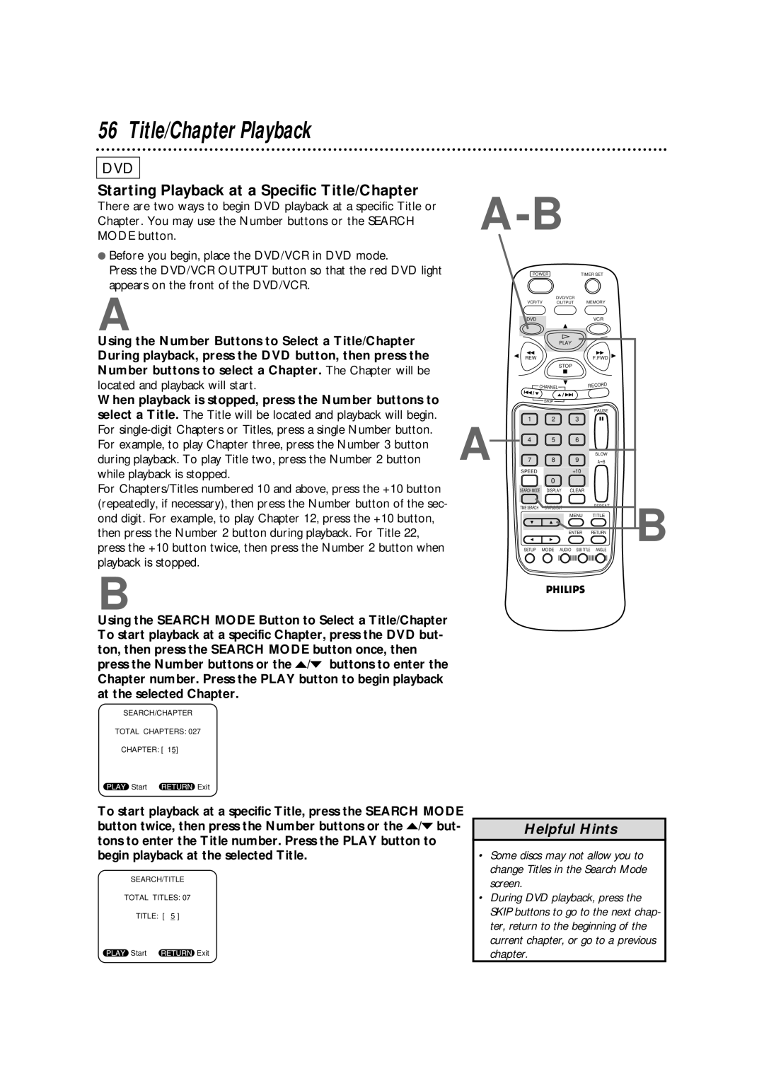 Philips DV900VHS owner manual Title/Chapter Playback, Starting Playback at a Specific Title/Chapter 