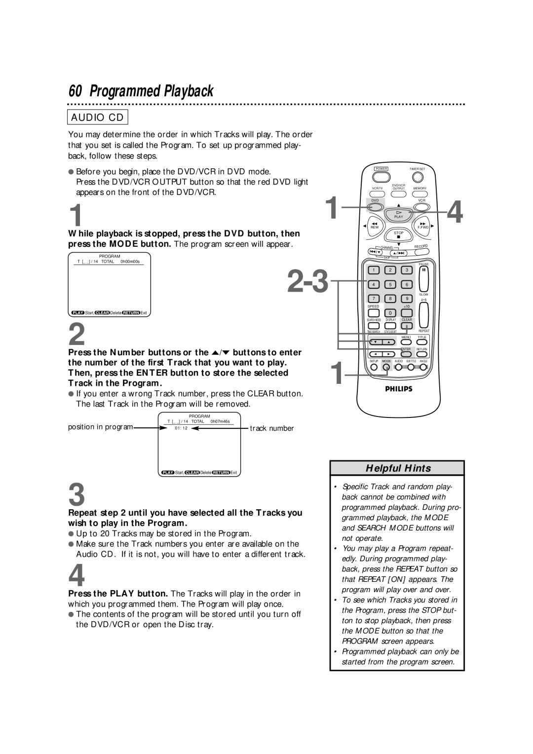 Philips DV900VHS owner manual Programmed Playback, While playback is stopped, press the DVD button, then 