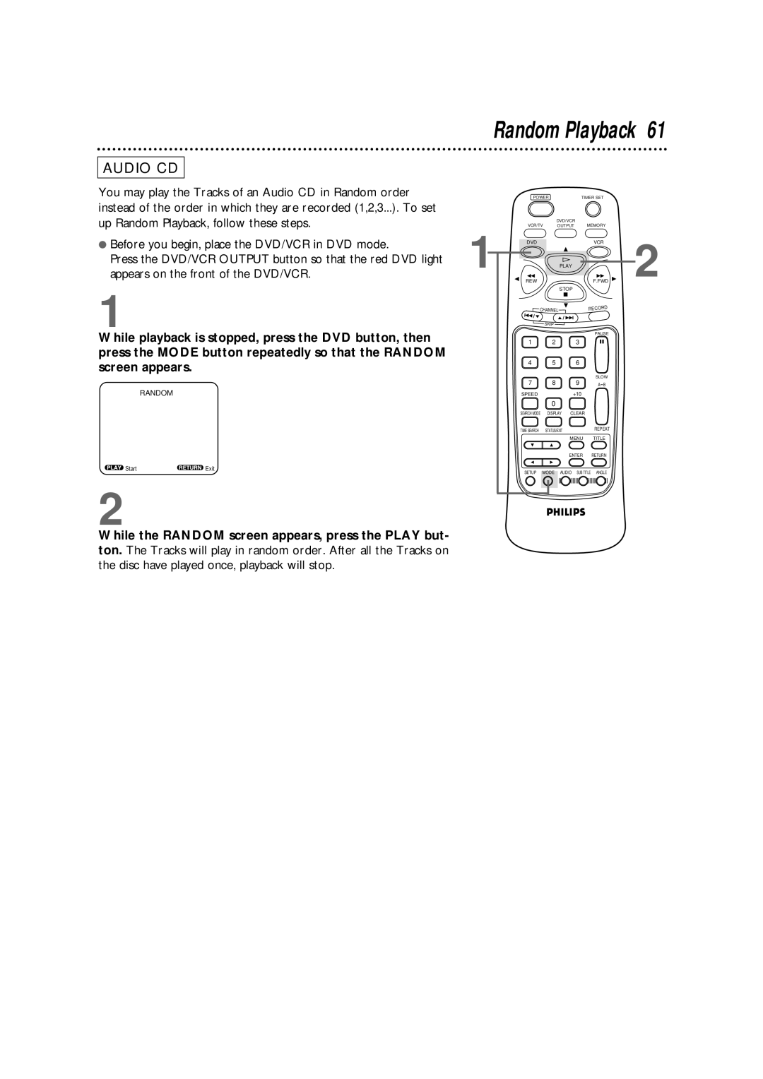 Philips DV900VHS owner manual Random Playback 